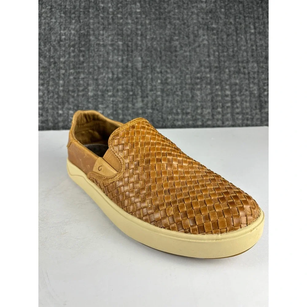 OluKai Lae'ahi Lauhala Woven Leather Slip On Shoes Size 9.5 Fox Tan